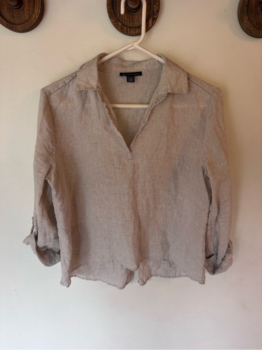 Saks Fifth Avenue Linen Split V-Neck crop popover blouse size small